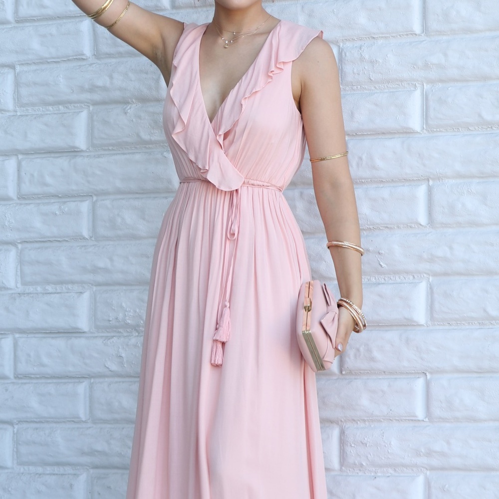 Maxi Dress Faux Wrap Top Ruffled Pink w/Waist Tie